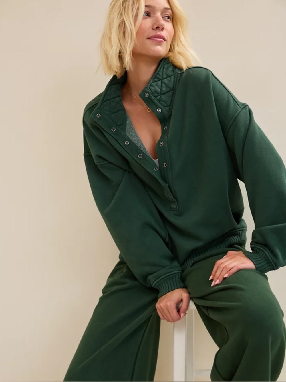 Aerie Dark Green Quarter Snap Button Oversized Ribbed Quilted Fleece Pull Over S